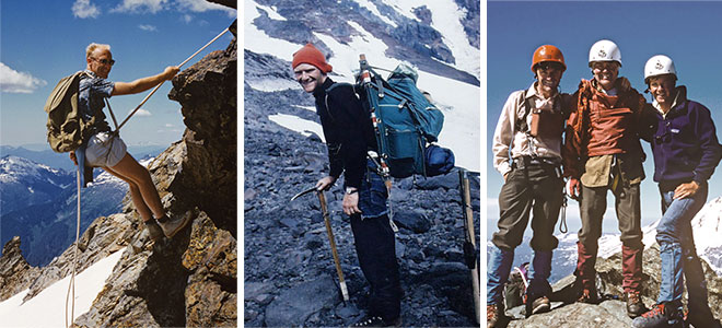 Therm-A-Rest founders Left to right: Jim Lea; John Burroughs on Mount Adams in the early 70's; John, Tex and David Burroughs in 1985